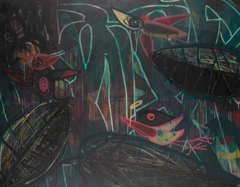 Janne Wiljakainen, sekatekniikka kankaalle, signeerattu ja päivätty -16.