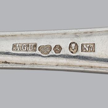PARTI BESTICK, 7 delar, silver, A.G. Dufva, Stockholm, 1914/15. Tot ca 590 gram.