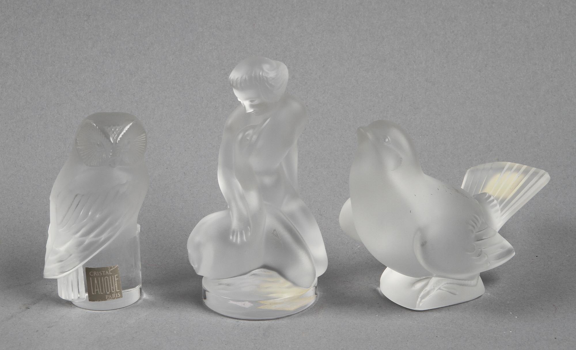 FIGURINER, 3 st, glas, Lalique, Frankrike.