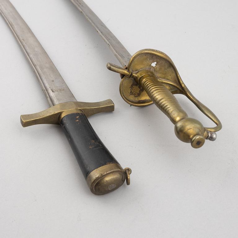 Two cutlasses, Swedish, m/1856 and m/1748-1856, with sheath.