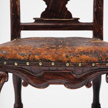 A pair of late baroque faux bois-painted chairs, attributed to M. Meling, 1730/40's.