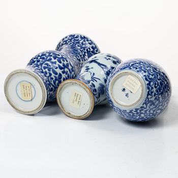 Two blue and white vases, Qing dynasty, 19th century and a blue and white vase with cover, 18th century.