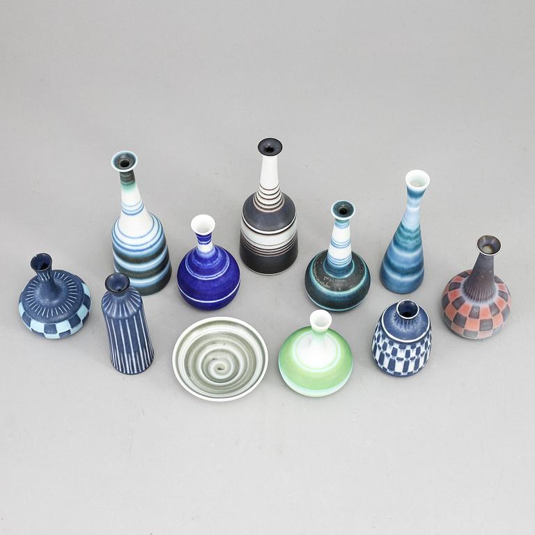 GUNNAR NYLUND, a set of 10 stoneware miniature vases and a miniature bowl, Rörstrand.