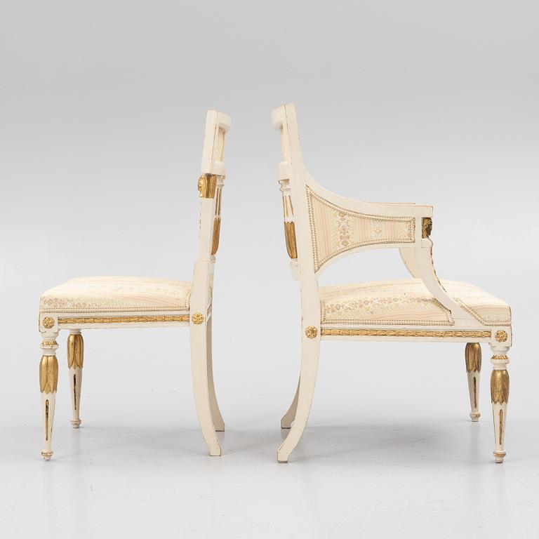 A pair of chairs and an armchair, late Gustavian style, early 20th century.