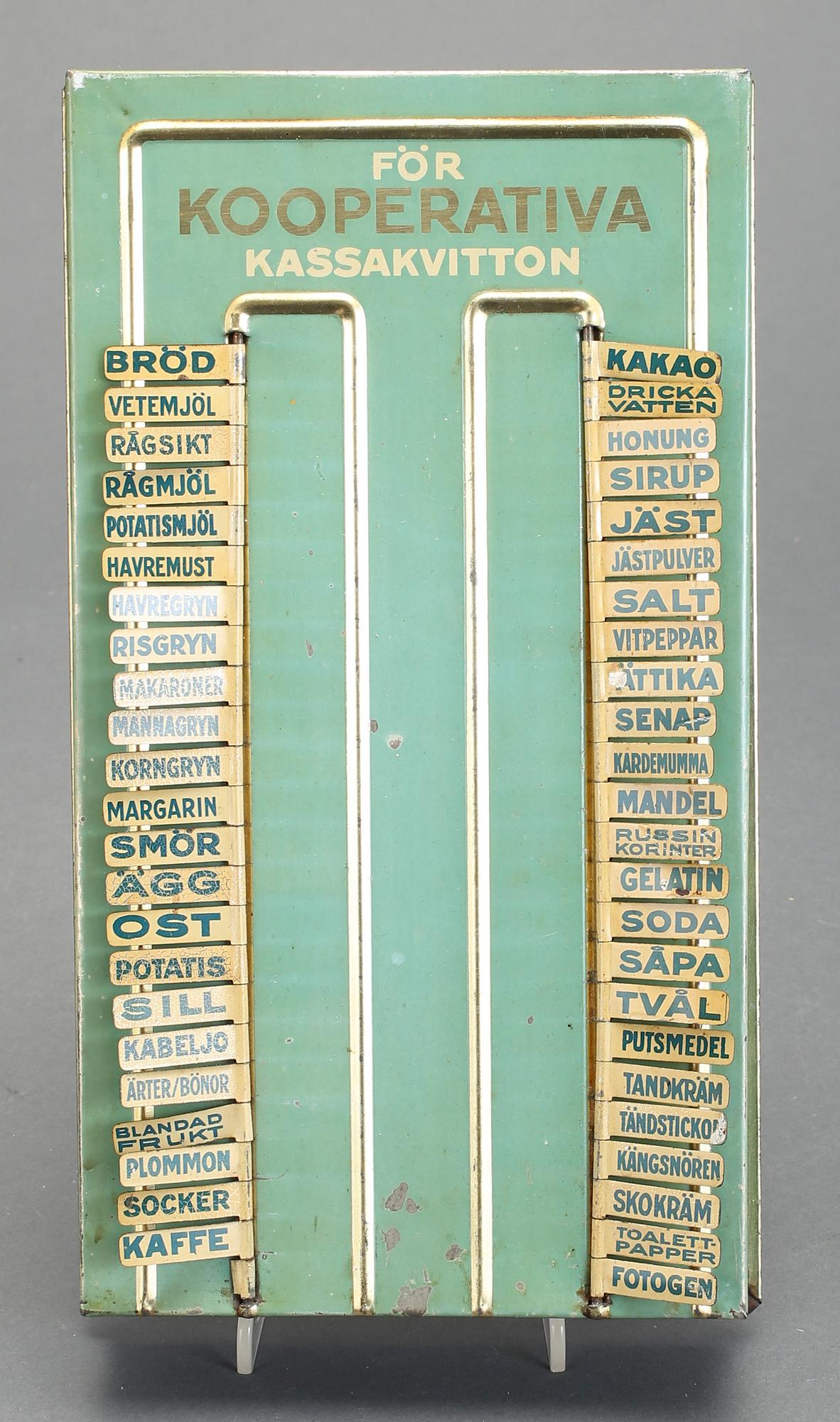 INKÖPSTAVLA TILL HUSHÅLLET, plåt, 1930/40-tal.