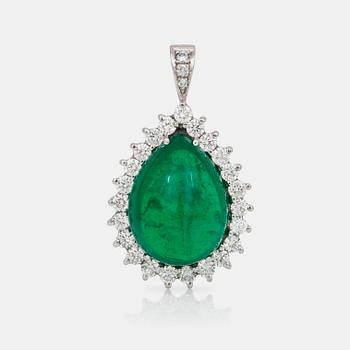 696. A drop shaped cabochon-cut emerald, circa 14.00 cts, and brilliant-cut diamond pendant.