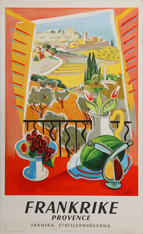 BERNARD VILLEMOT, färglitografisk affisch, Hubert Baille, Paris, SAMT AFFISCH PÅ PAPP, SNCF, Paris, 1959.