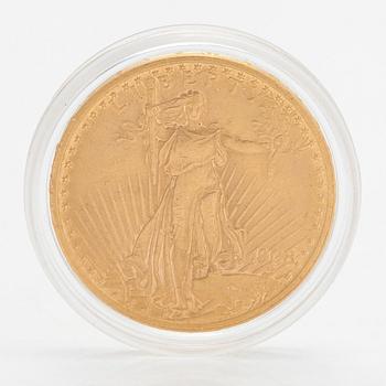 Guldmynt, 20 dollars, USA 1908 guld 900/1000. Vikt ca 33,5 g.