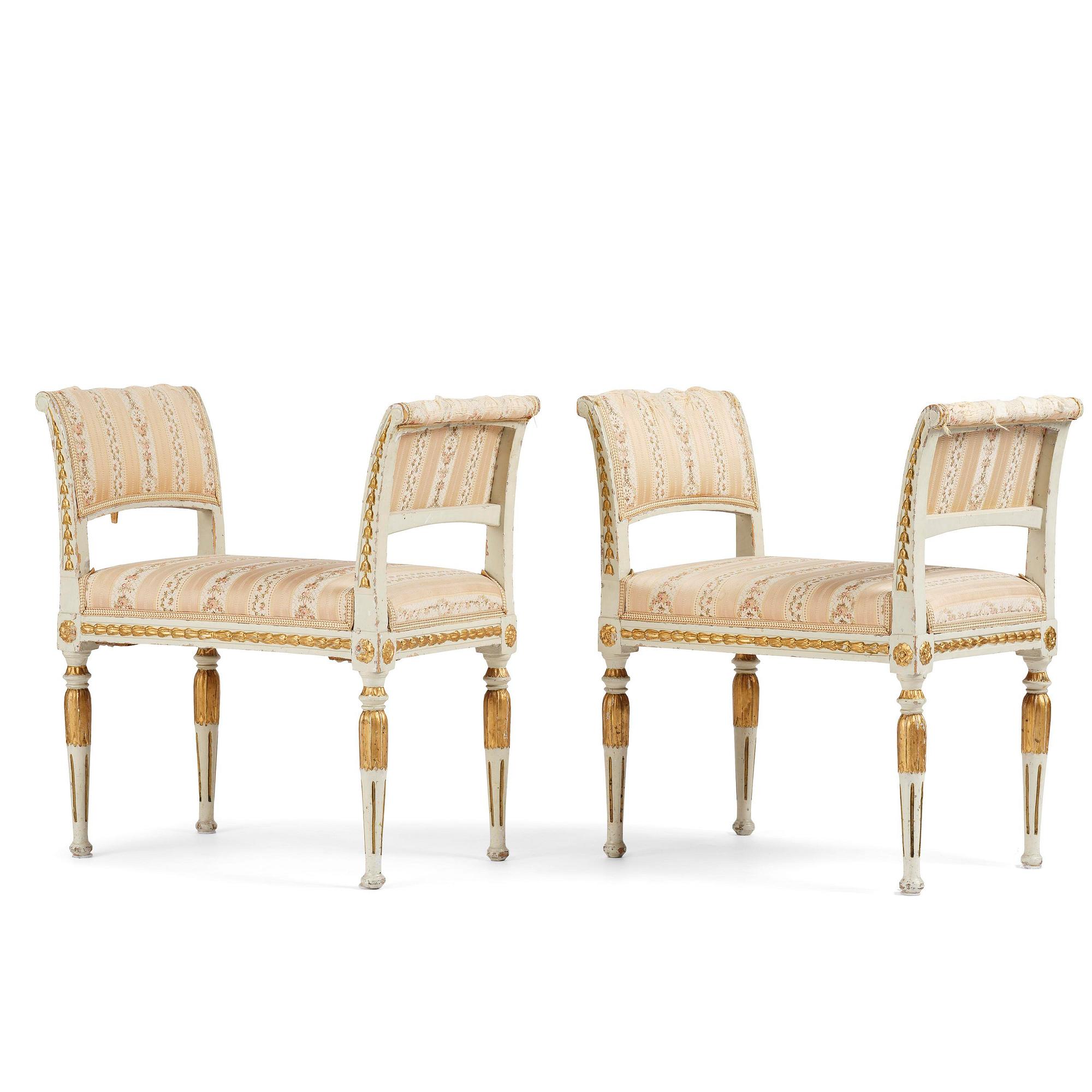 A pair of late Gustavian stools, Stockholm, late 18th century.