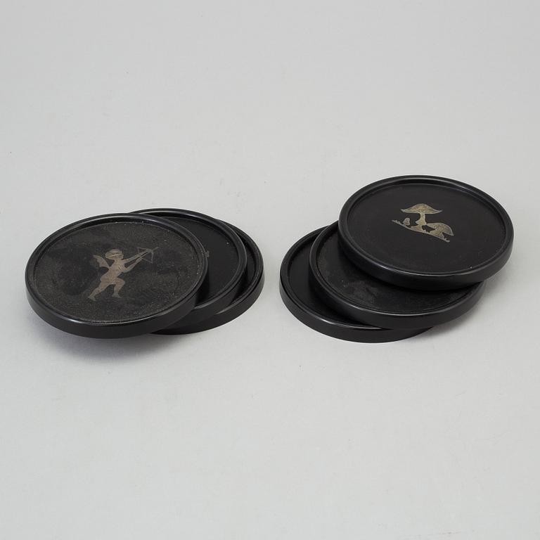 COASTERS, 6 st, silver och bakelit, Perstorp, 1950-tal.