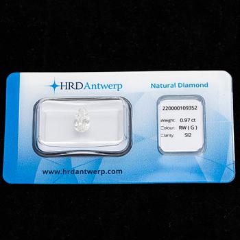 Droppslipad diamant, ca 0.97 ct, förseglad med HRD sertifikat.