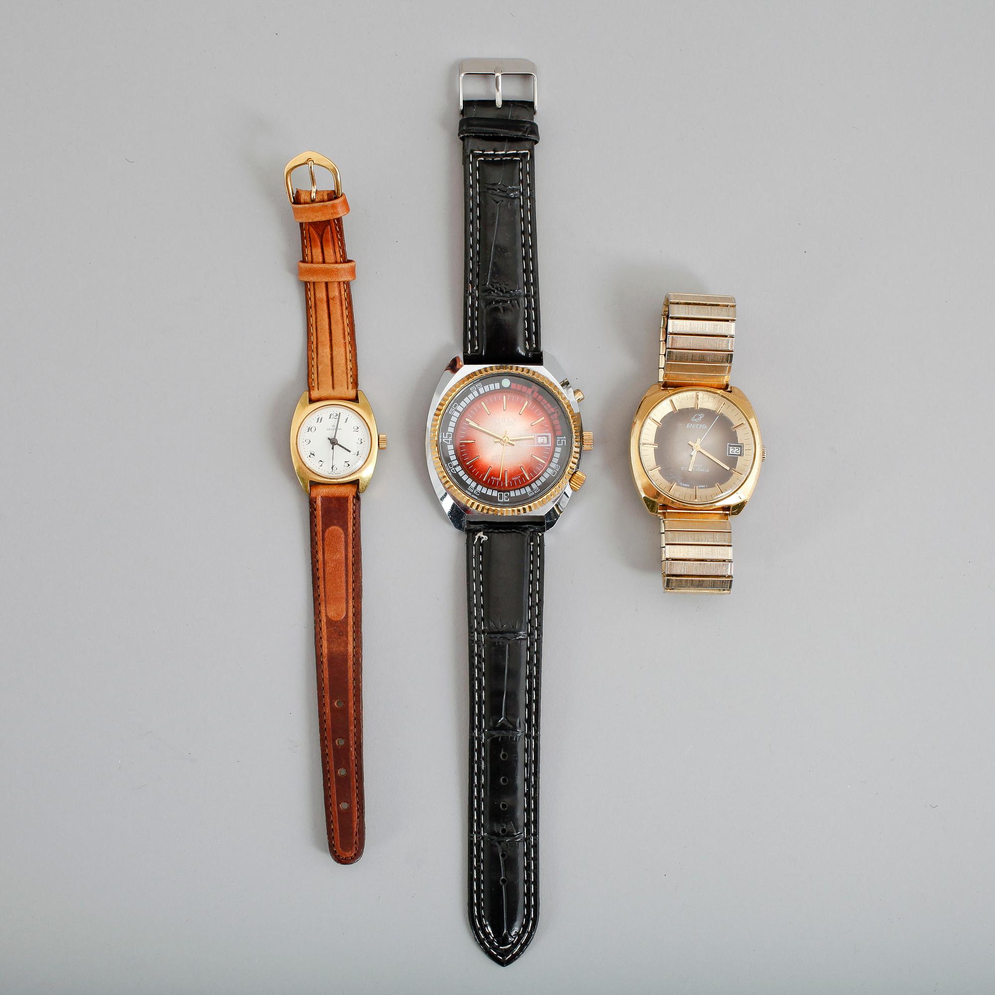 ARMBANDSUR, 3 st, Helvetia, Enicar samt Sialy de Luxe, 1900-talets andra hälft.