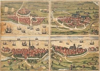 Georg Braun & Franz Hogenberg, four Scanian cities hand-colored copper engraving, Cologne 1588.