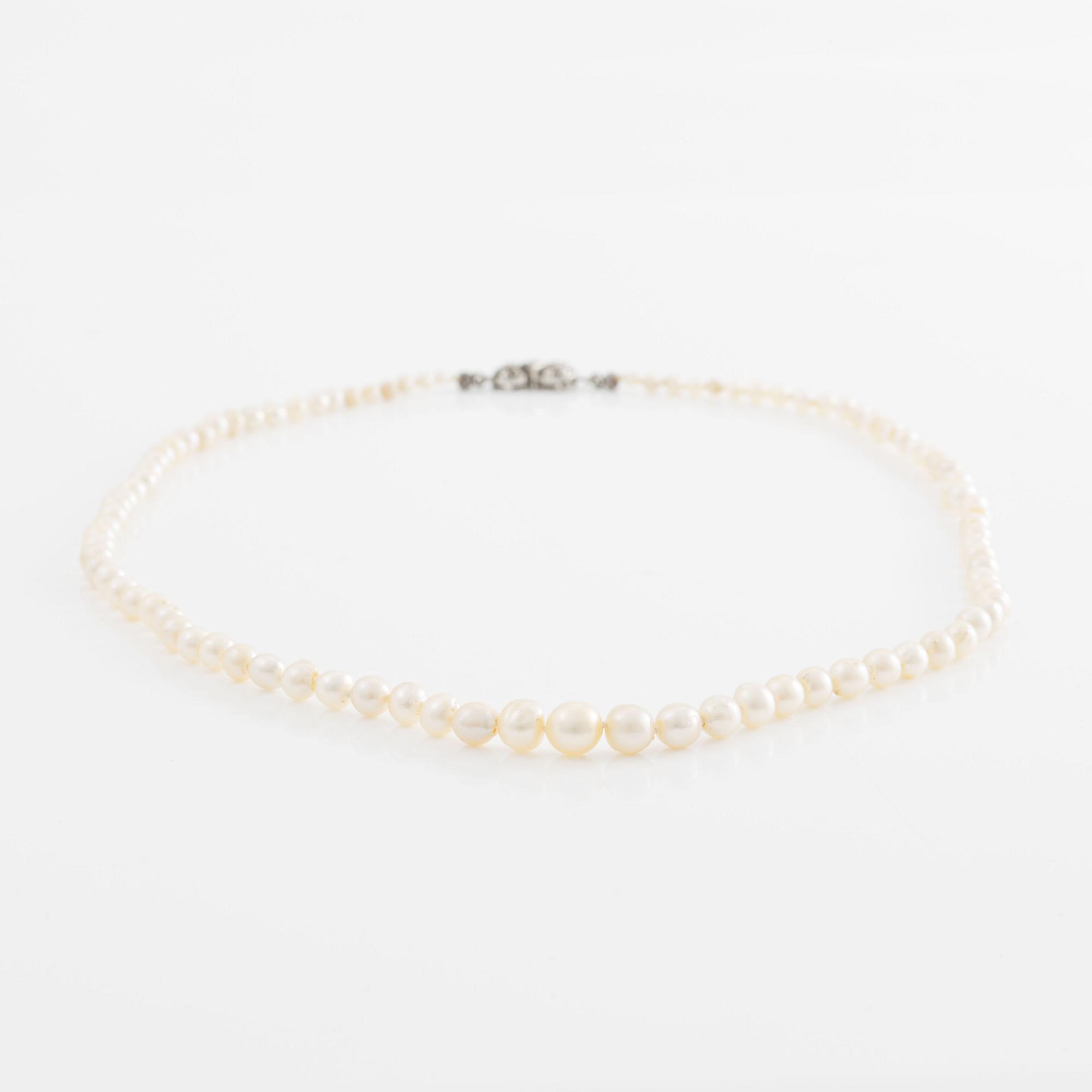 Pearl necklace, with cultured pearls, clasp in white metal with marcasites.