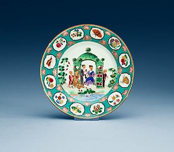 A rare famille rose dinner plate after a model by Cornelis Pronk, Qing dynasty Qianlong circa 1738.
