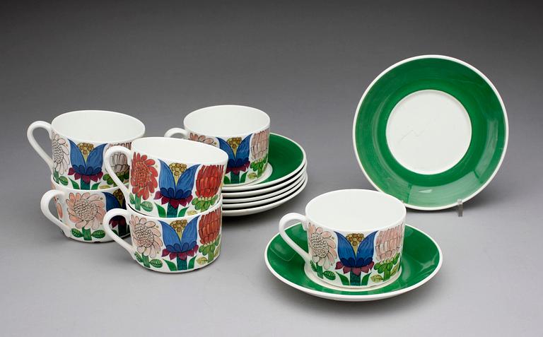 TEKOPPAR med FAT,6 st, porslin. Stig Lindberg, Gustavsberg 1970-tal. Tahiti.