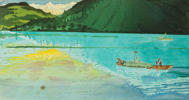 Carl Johan Forsberg, Alpine landscape with man and dog in a boat.