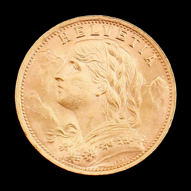 GULDMYNT, 20 franc, Schweiz, 1935. Vikt ca 6 gram.