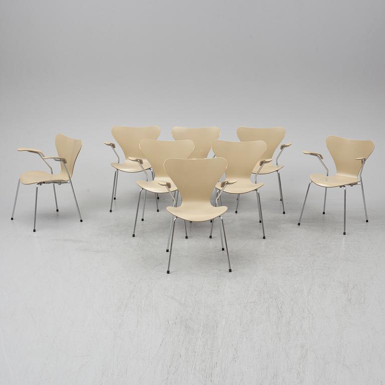 ARNE JACOBSEN, eight 'Series 7' armchairs from Fritz Hansen, Denmark.