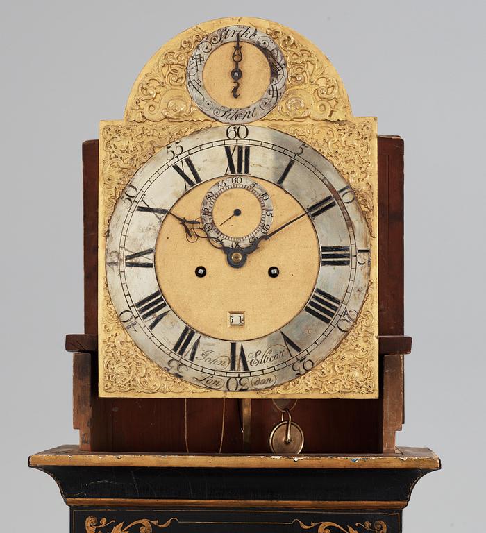 An English 18th century black painted longcase clock by John Ellicott.
