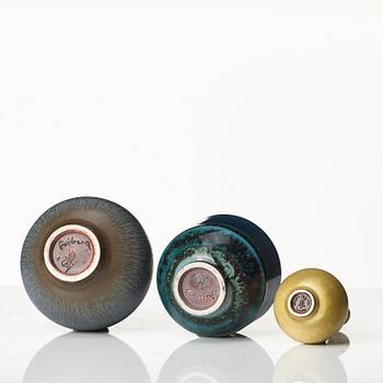 Berndt Friberg, a set of three stoneware miniature bowls and six vases,, Gustavsberg studio, Sweden 1950-60's.