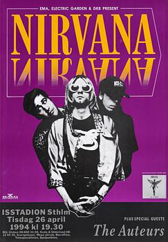 85. Nirvana, konsertaffisch, från den inställda konserten på Isstadion, Stockholm, 26 april, 1994.