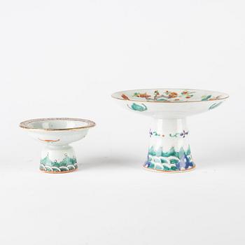 Two famille rose stemcups and a bowl, Qing dynasty, 19th century.