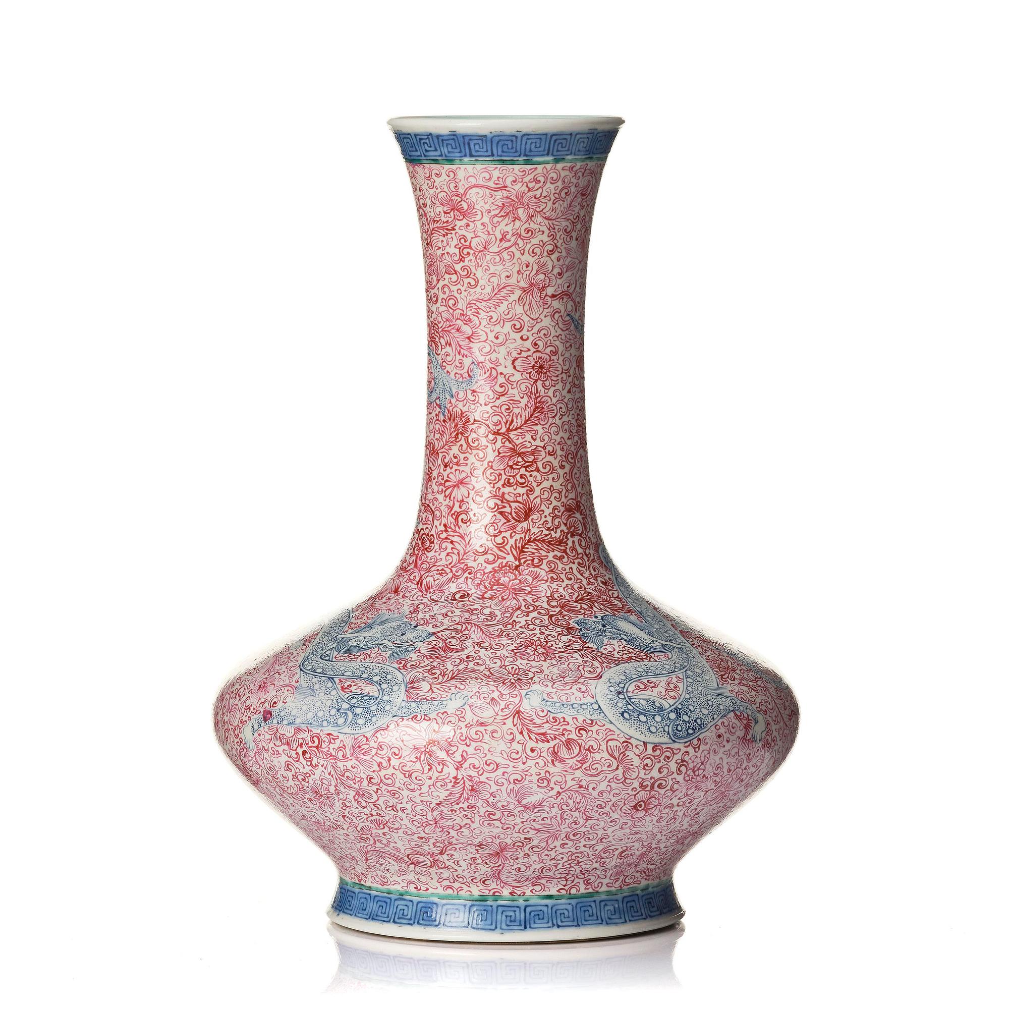 A rare pink and blue enamelled vase with dragons, late Qing dynasty/Republic with an apocryphal Qianlong mark.