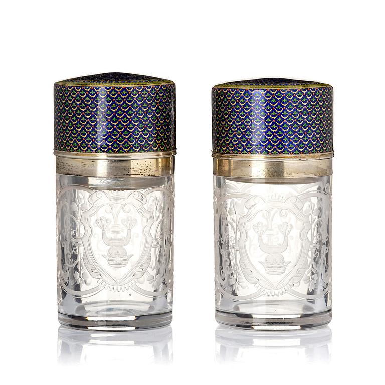 A pair of engraved and glass flacongs with gilt enamelled covers, France/Russia, 19th century.