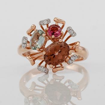 RING, 14K roséguld, diamanter och olikfärgade stenar.