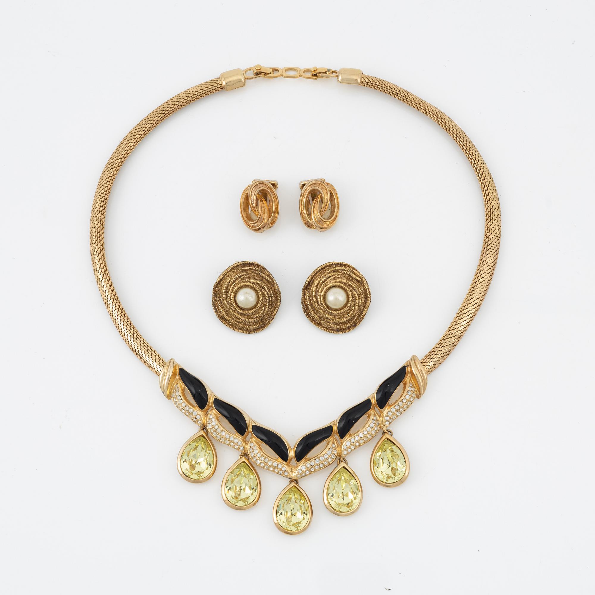 Christian Dior, a costume jewellery necklace and two pairs of earrings.