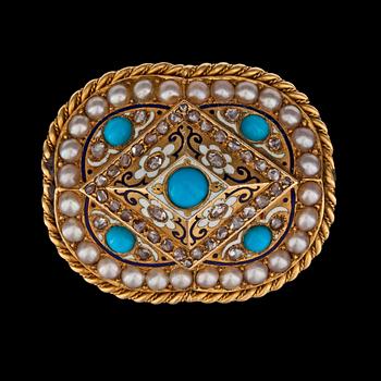 27. BROOCH, enamel, rose cut diamonds and natural pearls, ca 1900.