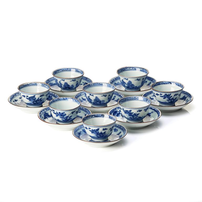 A matched set of eight blue and white cups and stands, Qing dynasty, Kangxi (1662-1722).
