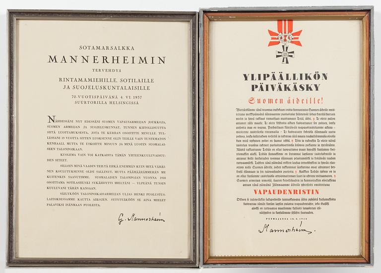 Carl-Gustaf Mannerheim, tryck, Överbefälhavarens dagorder och Fältmarskalk Mannerheims hälsning.