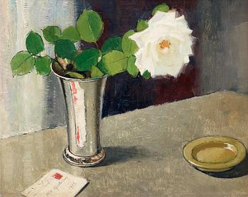 142. Olle Hjortzberg, Still life with white rose and a letter.