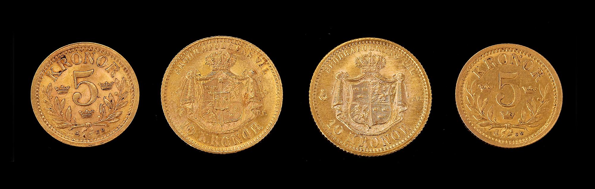 GULDMYNT, 2 st, 10kr, Oscar II samt GULDMYNT, 2 st, 5 kr, Oscar II, 21,6 k, 5 g resp 3 g.