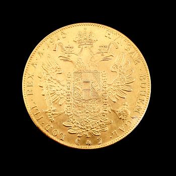 GULDMYNT, 4 dukater, Österrike-Ungern, daterad 1915. Vikt ca 10 gram.
