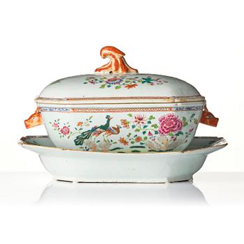 A famille rose 'double peacock' tureen with cover and stand, Qing dynasty, Qianlong (1736-95).