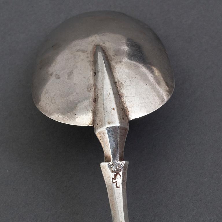 A 17th century silver spoon, unidentified marks.