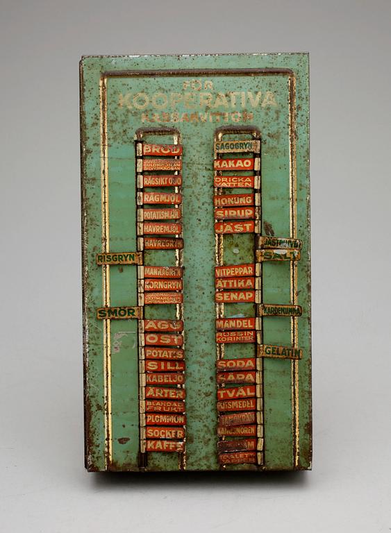 INKÖPSTAVLA TILL HUSHÅLLET, plåt, 1930/40-tal.