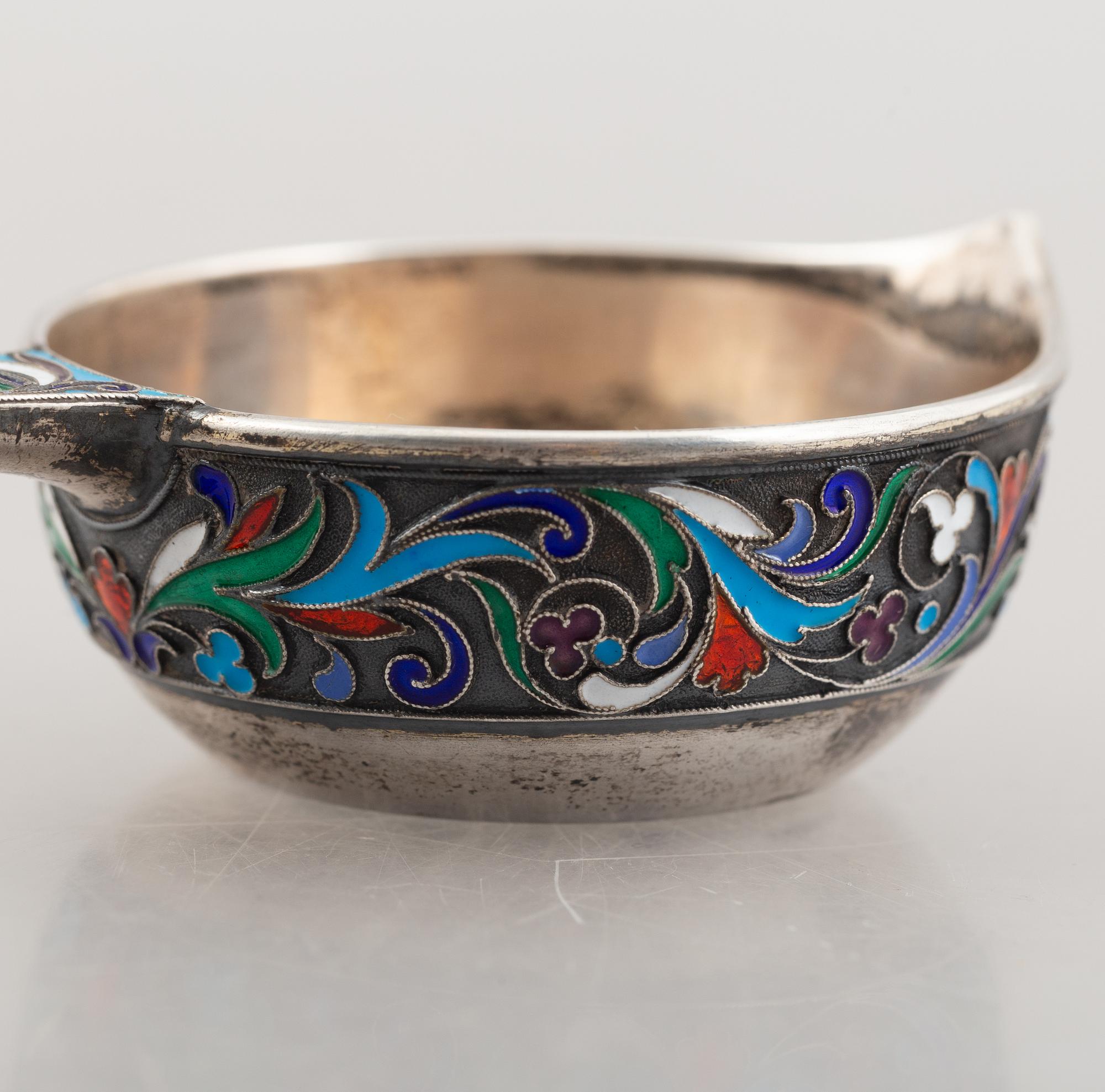 A Russian silver and enamel kovsh, 1896-1908.