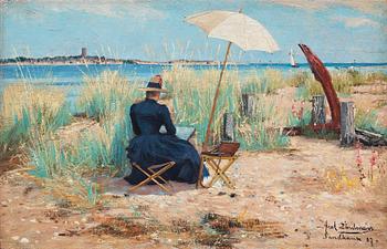 Axel Lindman, Beach scene with a woman painting en plein air.