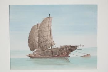 A set of four watercolours by anonymous Chinese artist, representing "Chinese Djonks and Sampans, Ships and Boats forwarded to Stockholm from Canton in the year 1784, by the Swedish Ship Gustavus the Third", Qianlong, circa 1783.