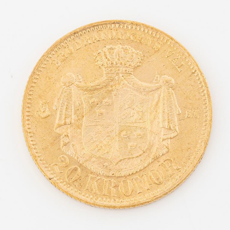 Guldmynt, Oscar II, 20 kronor, typ I, Sverige 1876.