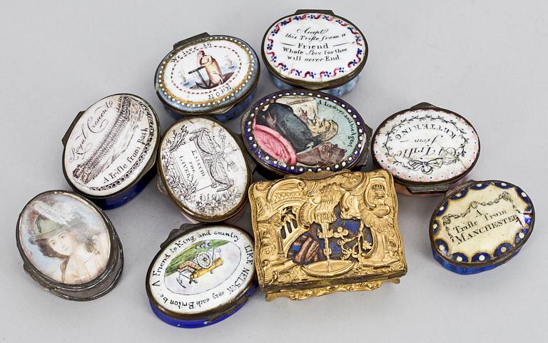 PARTI DOSOR, 10 st, mässing och emalj, 1700-1800-tal.