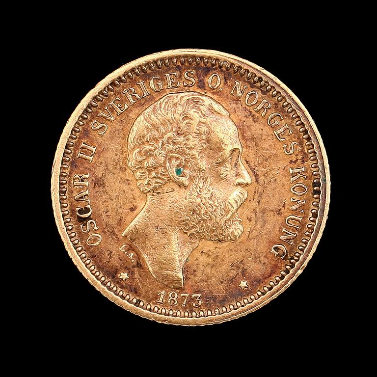 GULDMYNT, 10 kronor, Oscar II, 1873. Vikt ca 5 g.