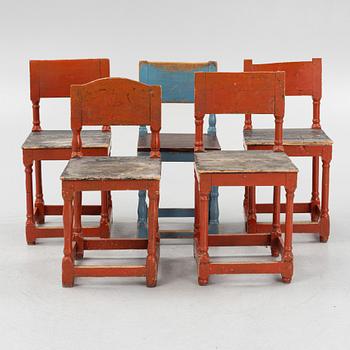 Chairs, five pieces, similar, folk art, late 19th century.