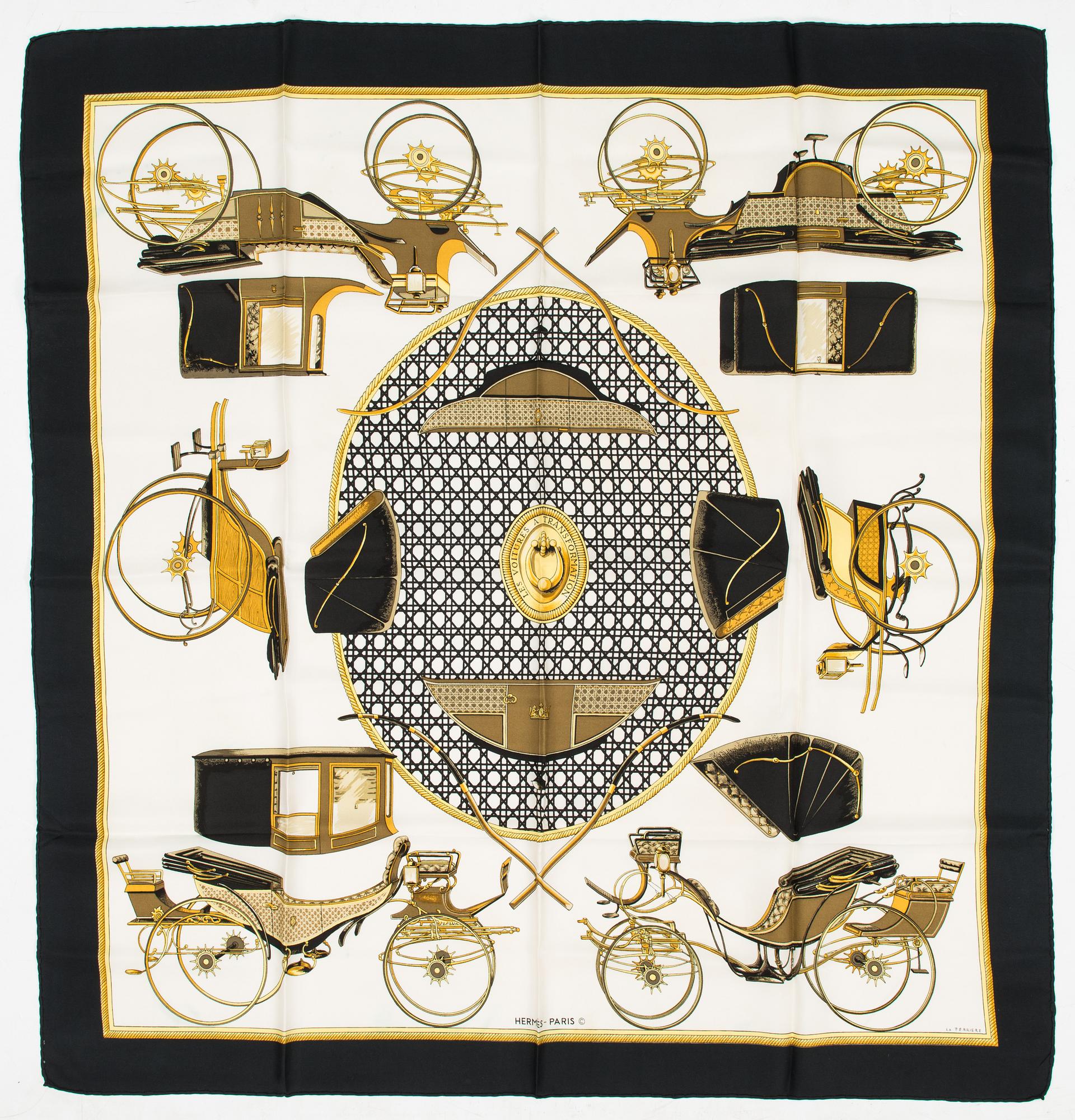 Hermès, Two silk scarves, 'Les Voitures a Transformation' and 'Les Clefs'.