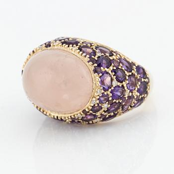 Ring, cocktail ring with cabochon-cut rose quartz, amethysts, and small diamonds.