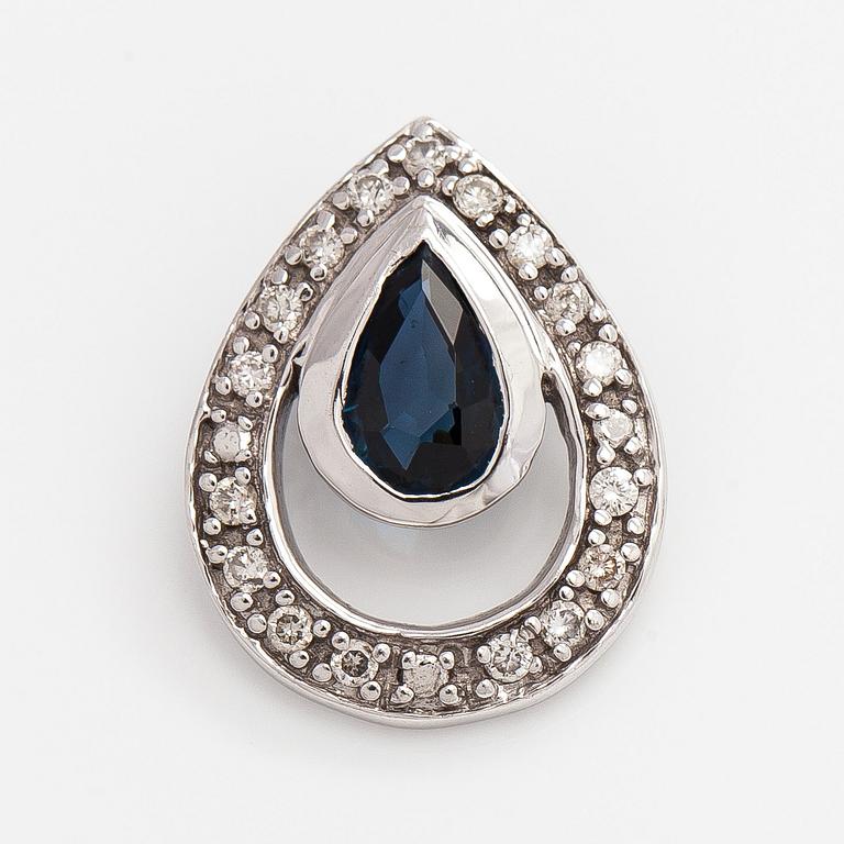 Pendant, faceted sapphire, brilliant cut diamonds, 14K white gold.